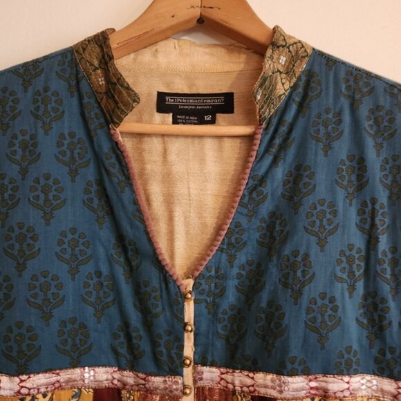 Vintage J Peterman Co. Long Sleeve Maxi Dress Embroidered Blue Gold 12 - Picture 3 of 15